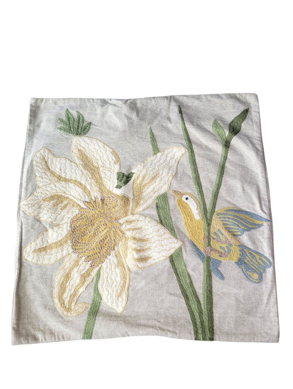 Pottery Barn Daffodil Bird Embroidered Pillow Case 24x24